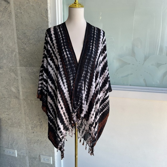 0056/ Black White Brown Kimono Cover up, Cardigan Outer with Fringes - Picture 8 of 9